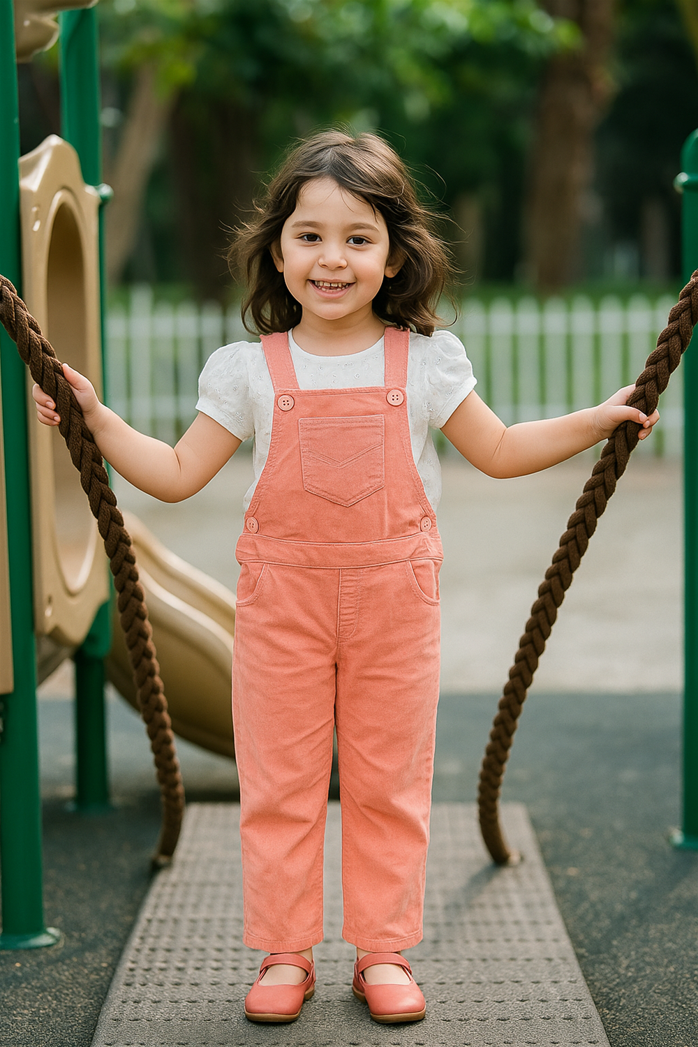 A cheerful young girl in a peach corduroy dungaree and white top stands on a playground bridge, holding onto ropes. She smiles brightly, exuding joy and playfulness in the outdoor setting.          Ask ChatGPT