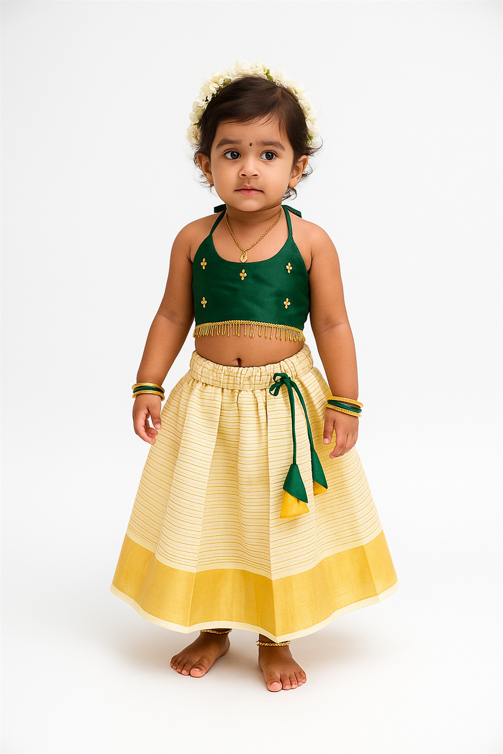 A toddler faces forward in a green halter top with golden details and a cream-yellow skirt, accessorized with bangles, anklets, and jasmine flowers in her hair.