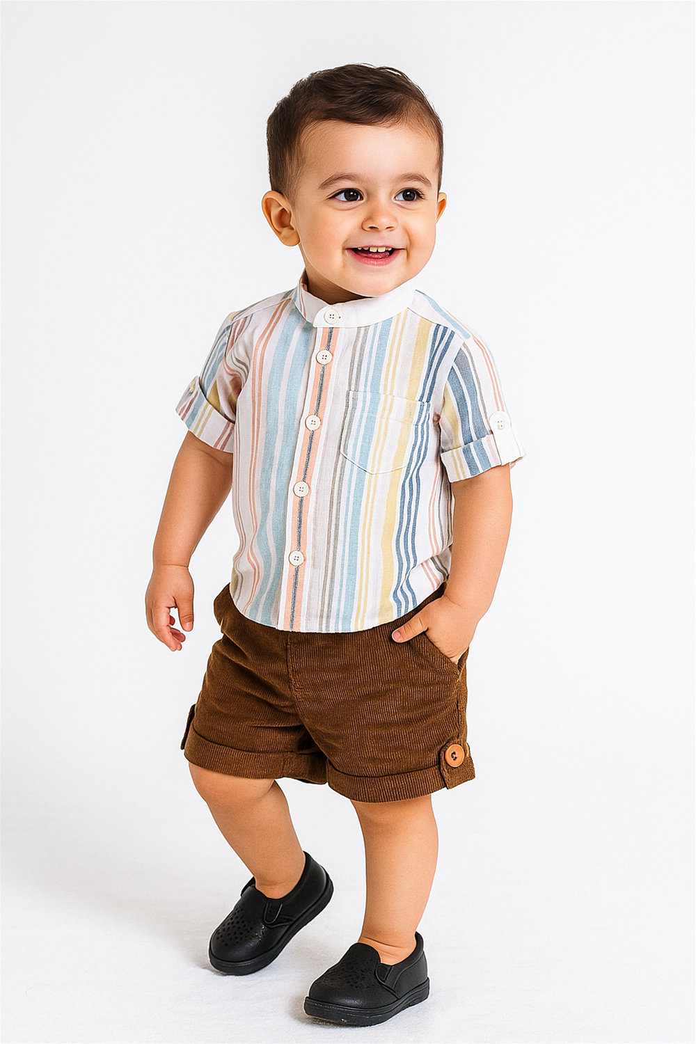 Smiling toddler in striped pastel shirt and brown corduroy shorts with black shoes, posing cheerfully in studio setting.