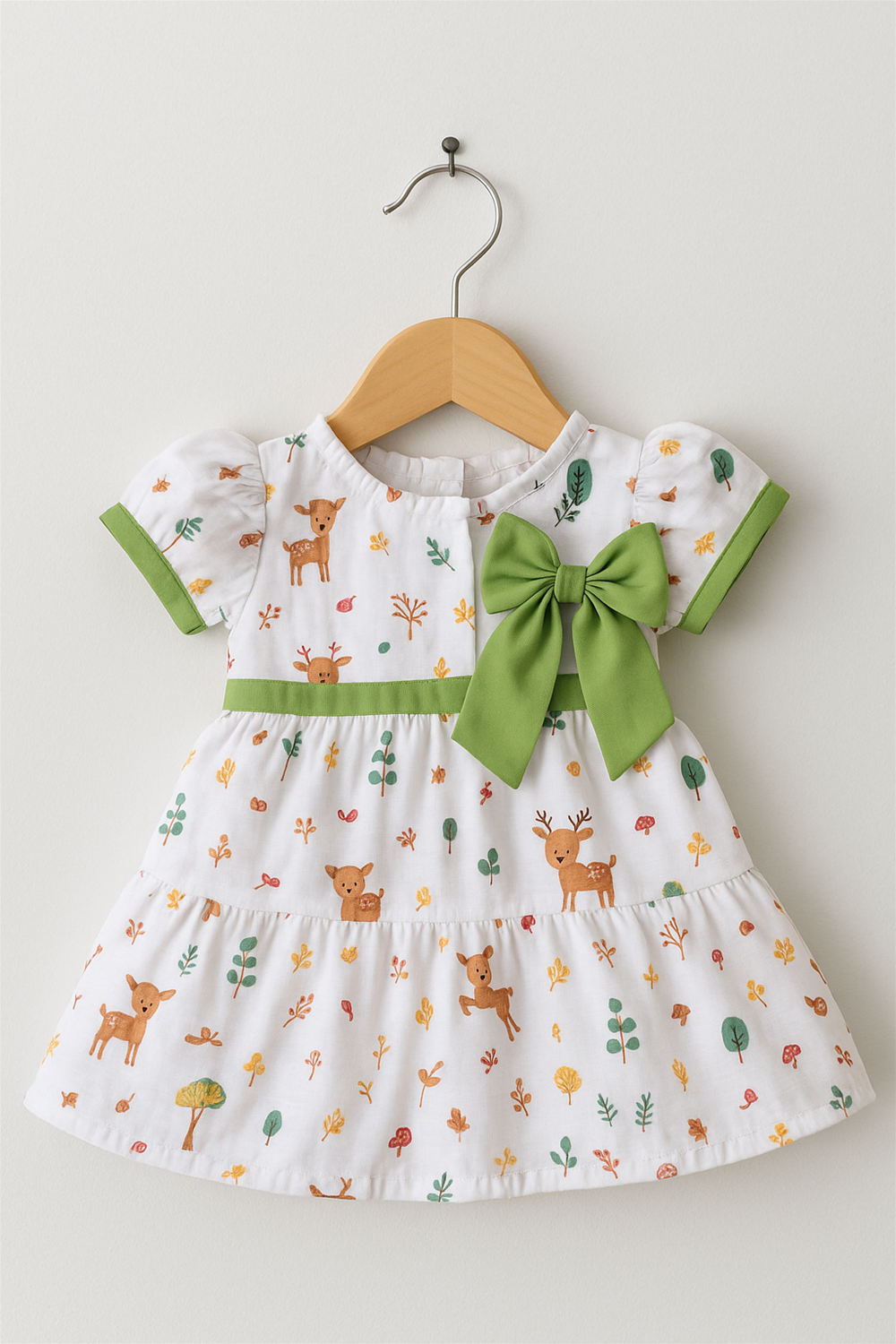 A baby girl's dress featuring a playful design of deer and leaves in soft colors. Back side.
