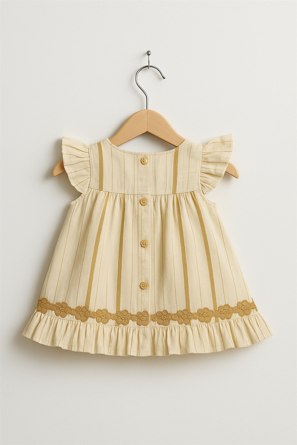 Back view of yellow striped frock with buttons and lace border, ruffled hem, neatly hung on wooden hanger.