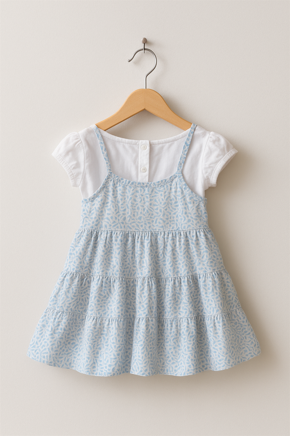 A sky-blue tiered frock features delicate floral patterns and puff sleeves in hanger back view.
