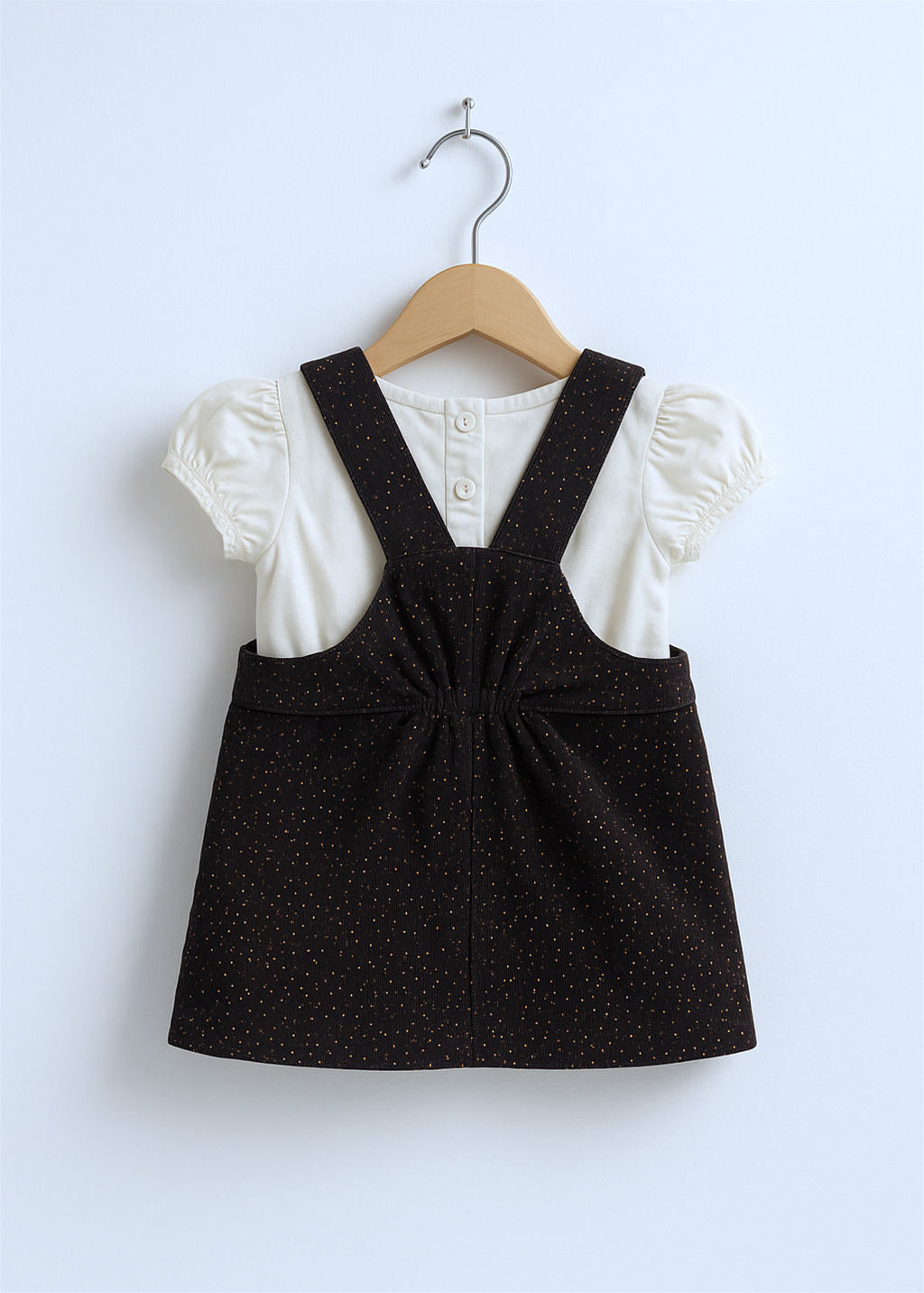 A black sparkling pinafore dress in hanger.