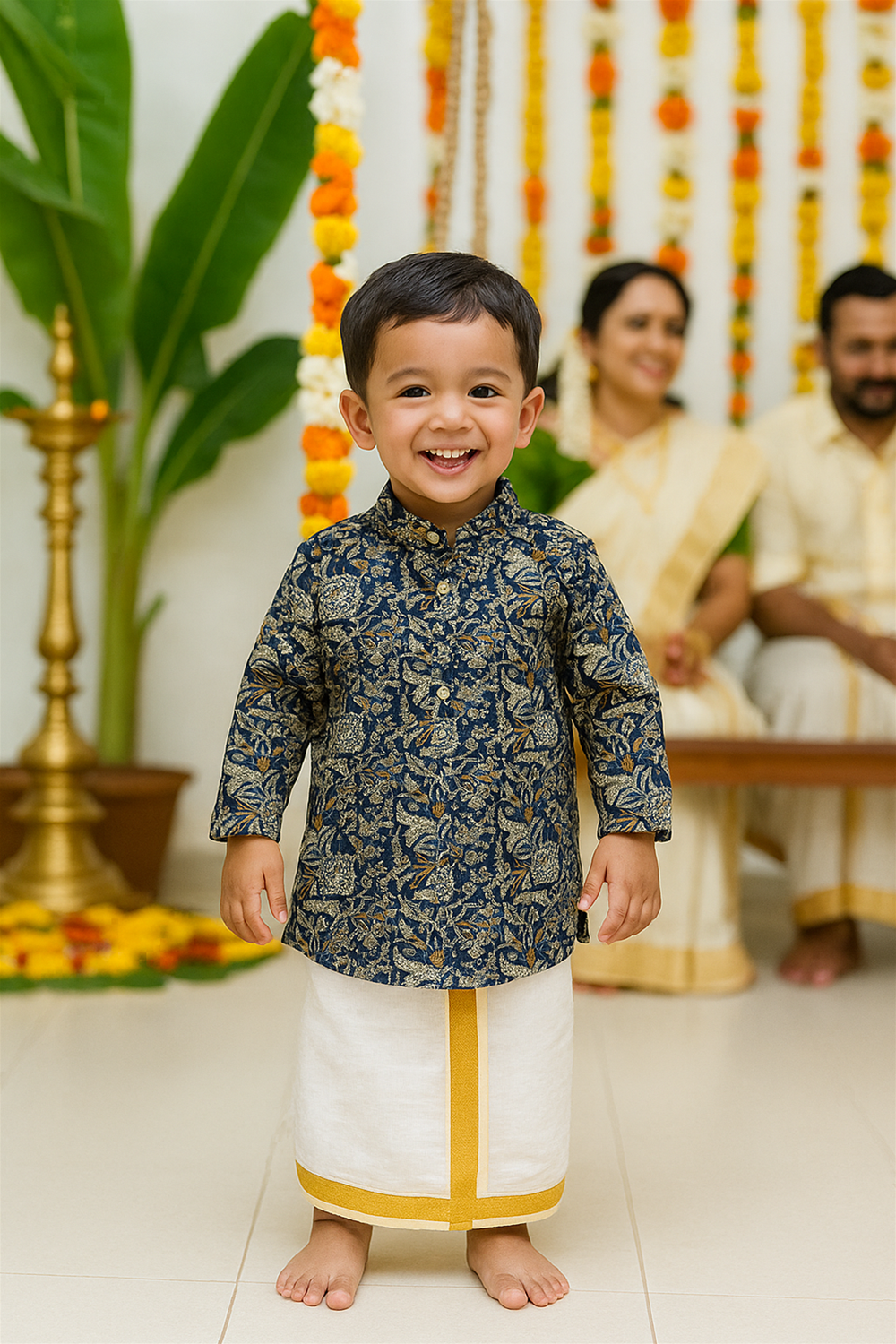 Smiling little boy in navy floral kurta and white dhoti with gold border, celebrating Onam indoors with family backdrop.