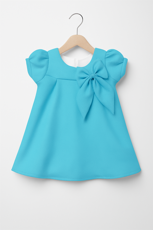 A baby blue dress featuring a prominent bow on the front, showcasing a charming and playful design.