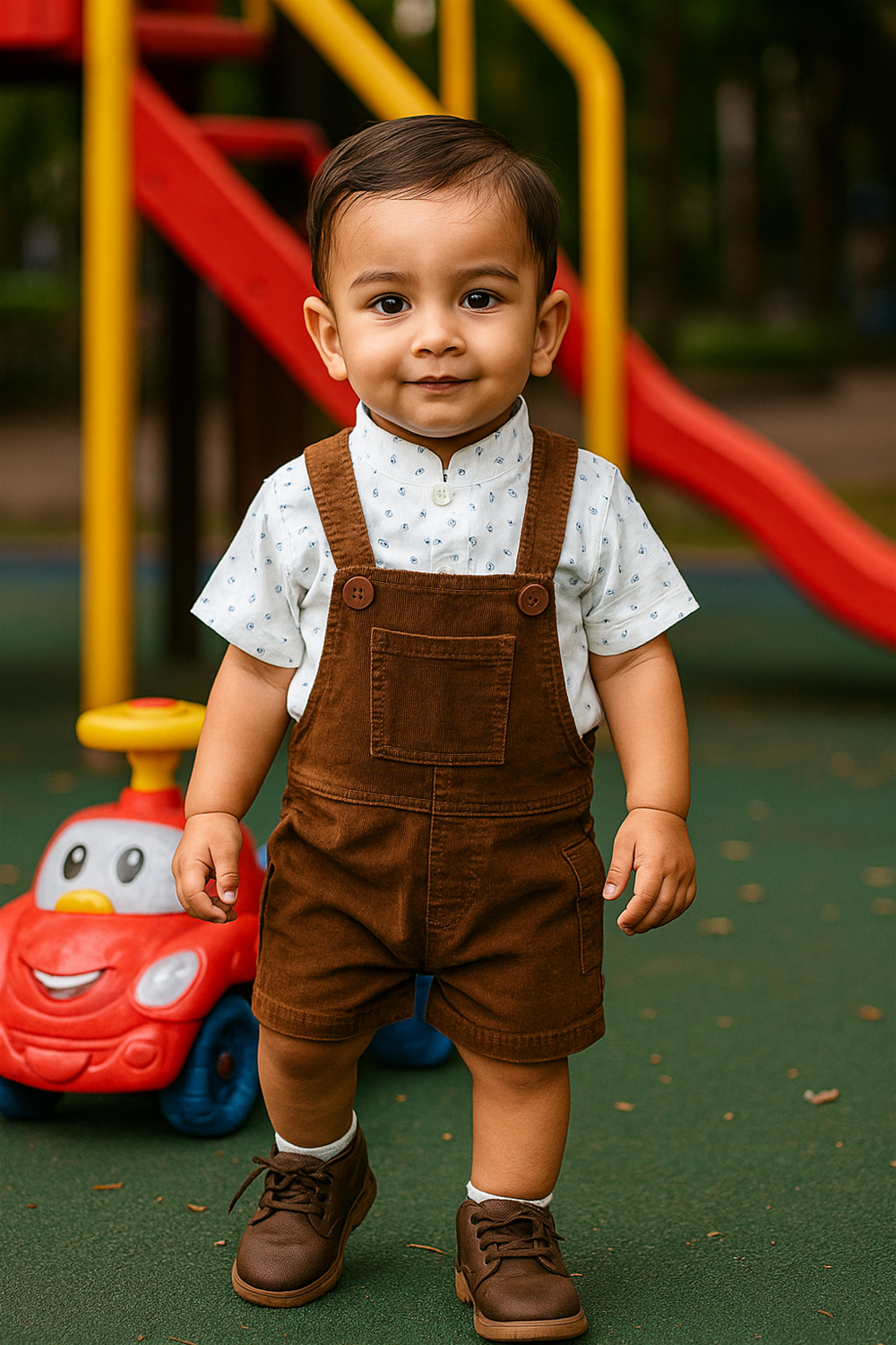 A baby boy wearing brown corduroy dungaree and a colorful polka dot shirt looks playfully at the viewer.