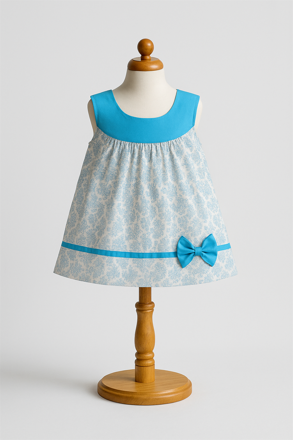 Baby frock with blue collar and bow accent, displayed on wooden mannequin stand against plain studio background.