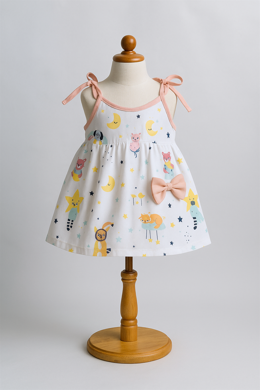 Children’s sleeveless cotton dress displayed on a wooden hanger against a white studio background. The dress features colorful space-themed prints with peach shoulder tie-ups and playful star and animal motifs.