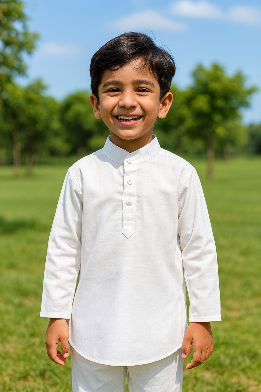 A cheerful young boy stands outdoors in a lush green park, wearing a crisp white kurta with a buttoned placket and mandarin collar. He smiles brightly at the camera under a clear blue sky, with trees softly blurred in the background.          Ask ChatGPT