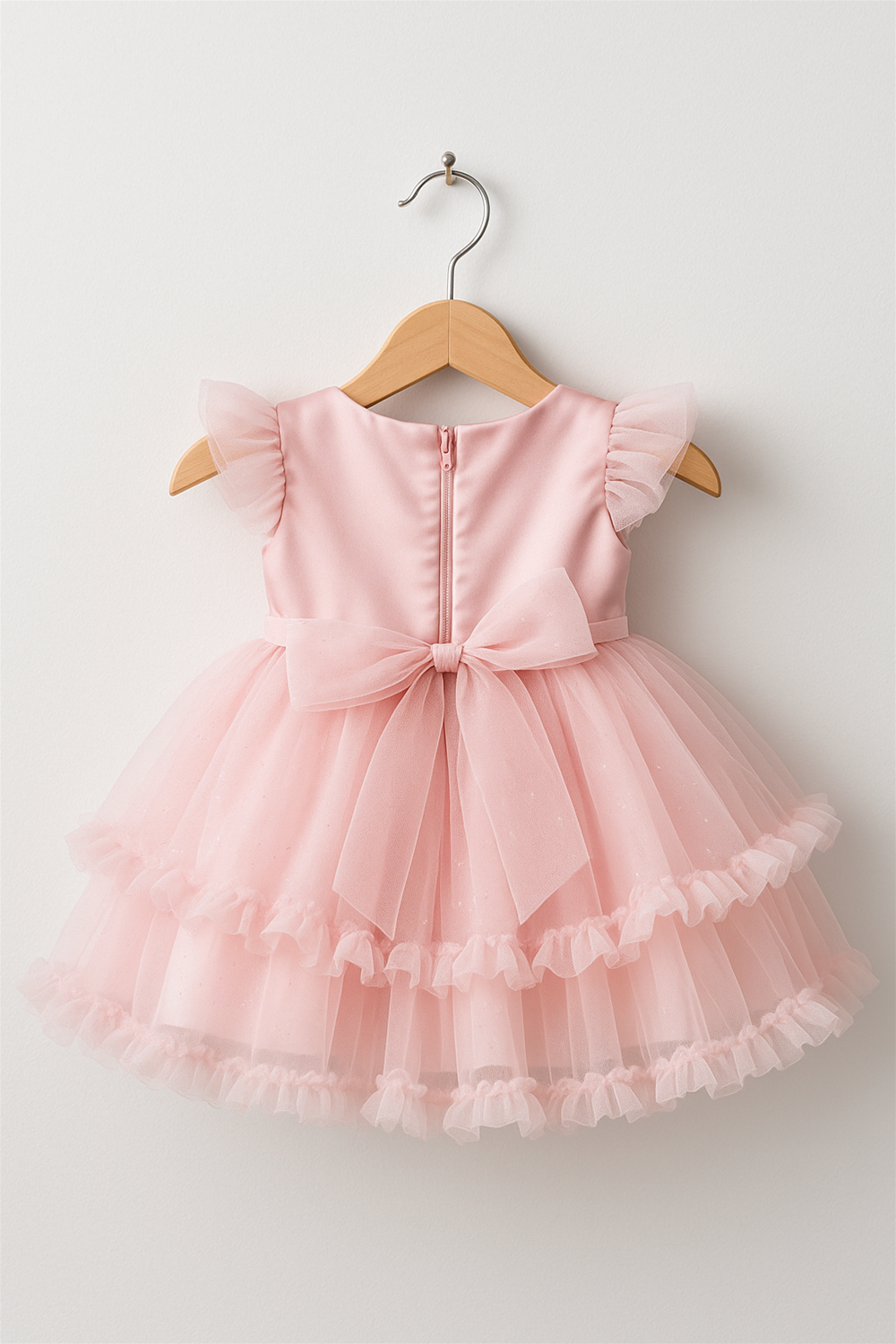 A pink birthday dress display in a wooden hanger back view.