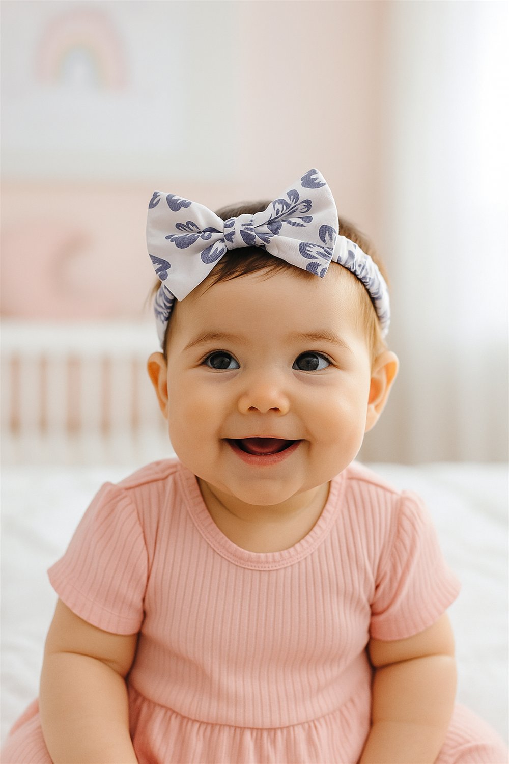 Alternative text: A smiling baby girl wearing a white headband with blue floral prints and a large bow, dressed in a pink ribbed short-sleeve dress, sitting indoors with a softly blurred nursery background.
