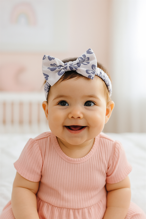 Alternative text: A smiling baby girl wearing a white headband with blue floral prints and a large bow, dressed in a pink ribbed short-sleeve dress, sitting indoors with a softly blurred nursery background.
