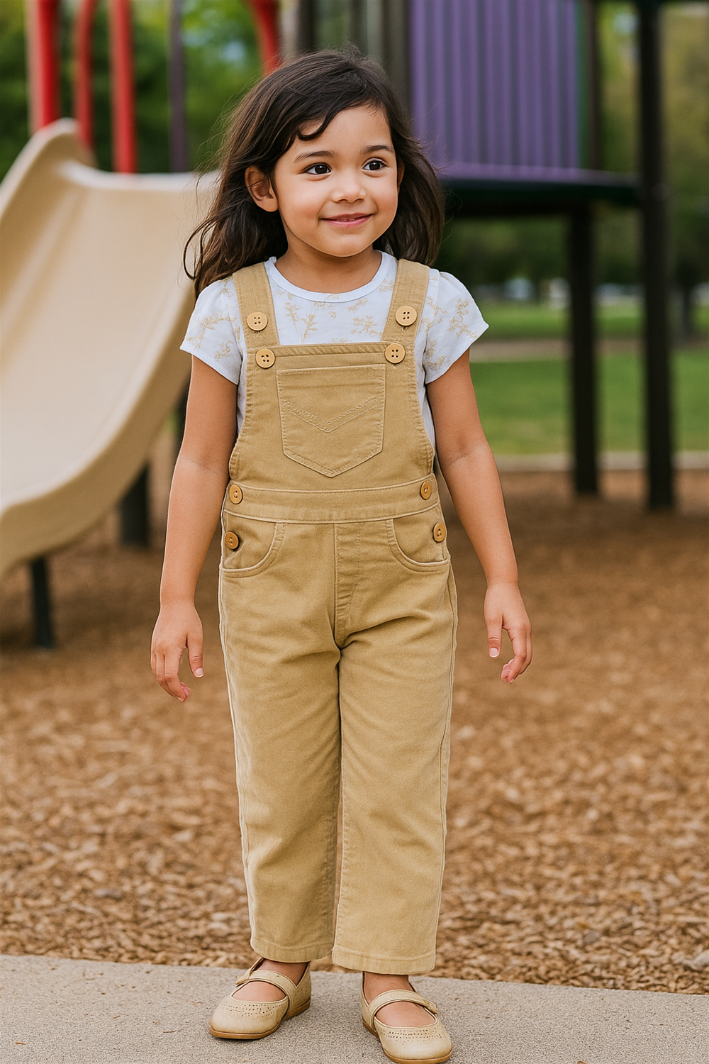 Little girl wearing beige dungarees with button details over a light floral-print cotton inner, paired with matching beige shoes. She is standing and smiling in an outdoor playground setting.