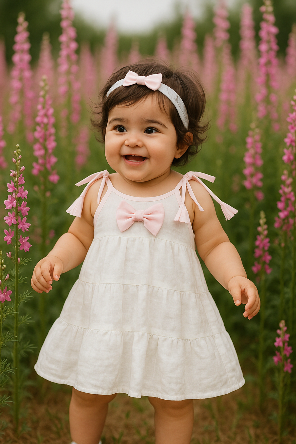 Smiling baby girl wearing white dress with pink bows, standing in a garden of purple flowers, headband matching dress.