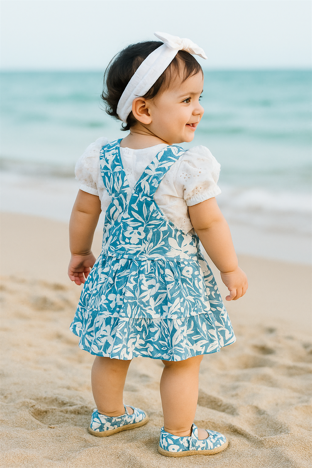 A baby girl is seen from behind, smiling joyfully while standing on the beach in a blue and white floral pinafore dress. She wears matching shoes and a white bow headband, perfectly complementing the breezy seaside setting.