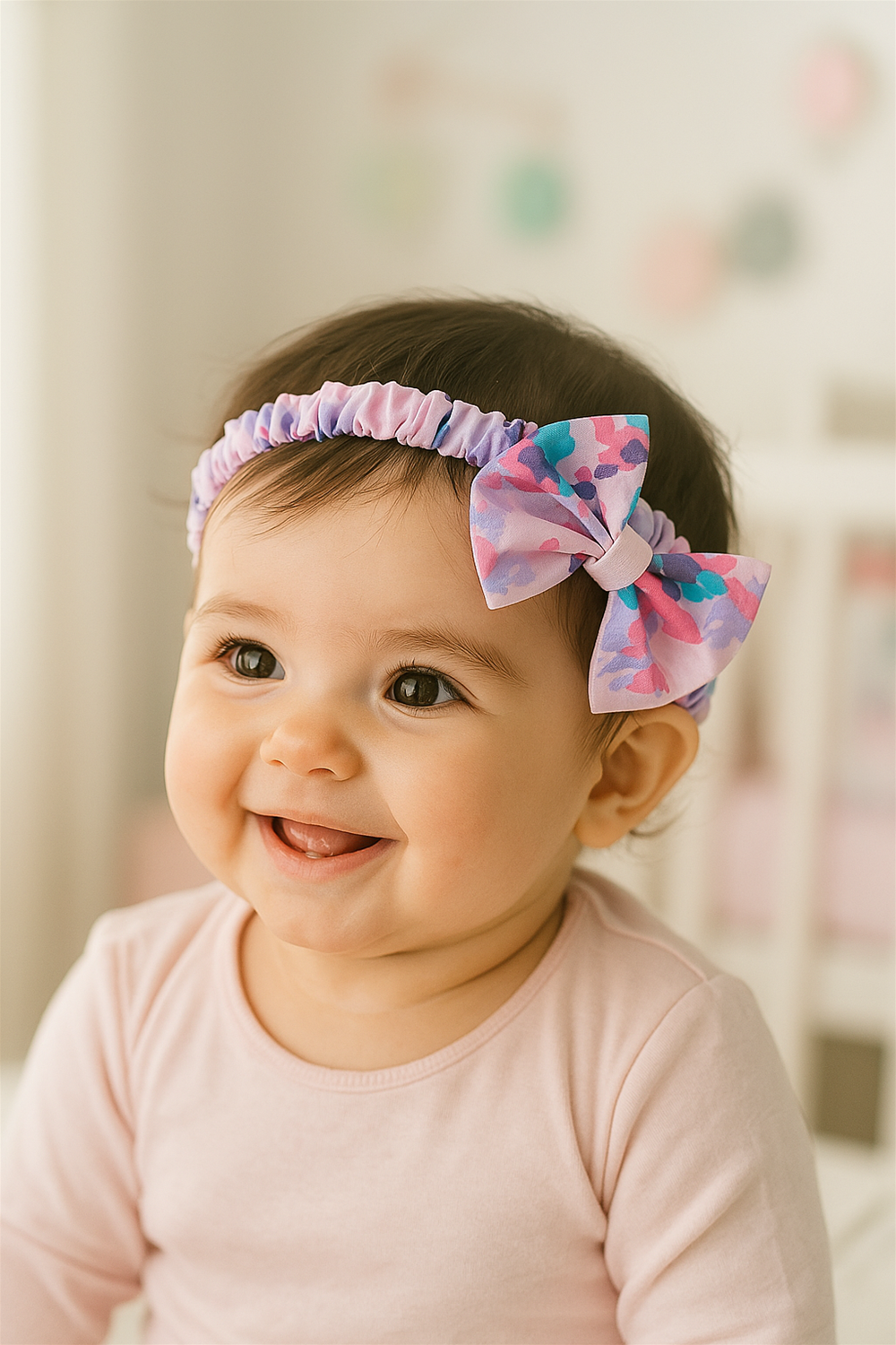 A smiling baby wearing a pastel-colored bow headband with shades of pink, purple, and teal. The baby has short dark hair, visible teeth, and is set against a plain light background.