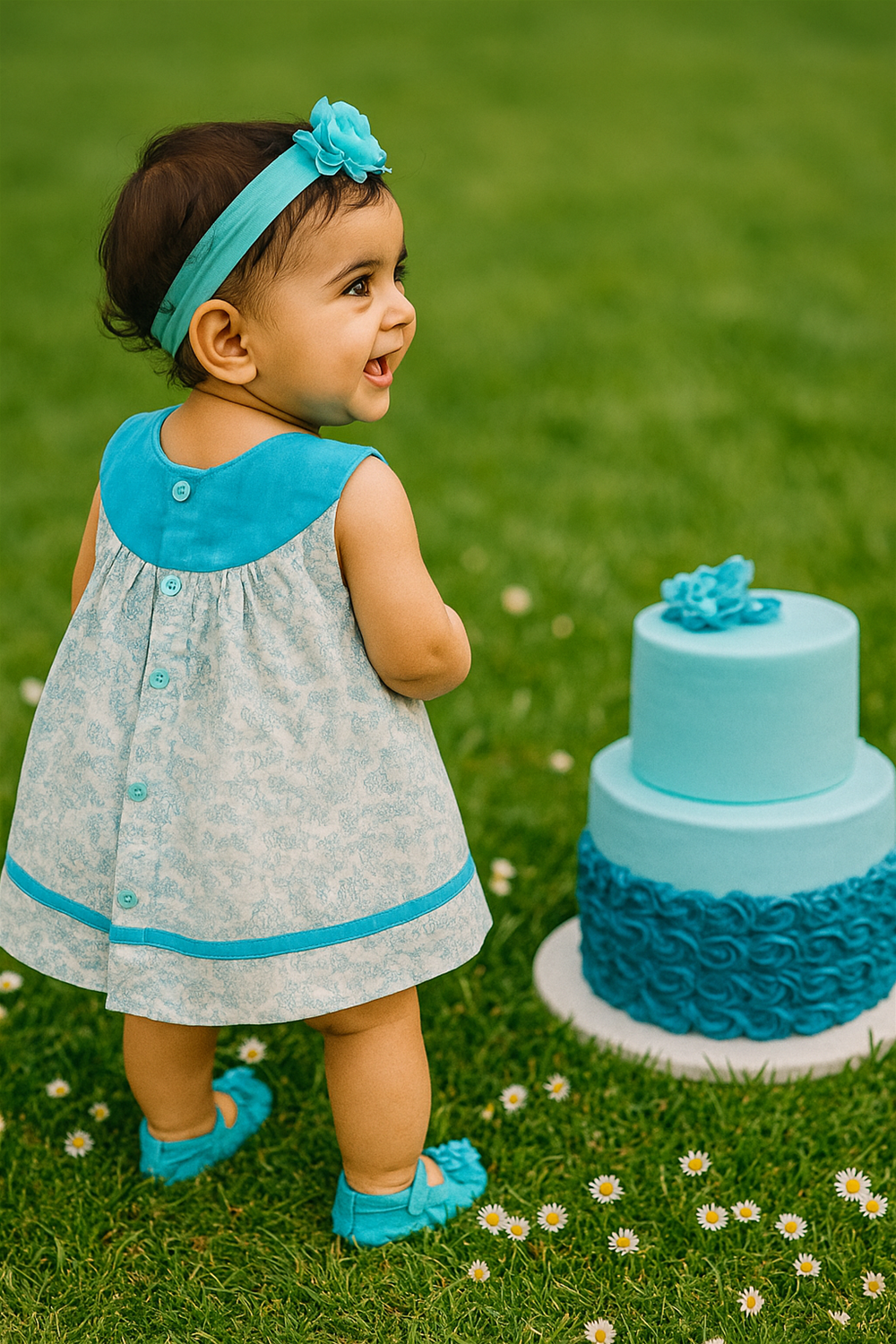 Smiling baby girl in blue frock with matching shoes and headband, standing beside blue cake on green lawn.
