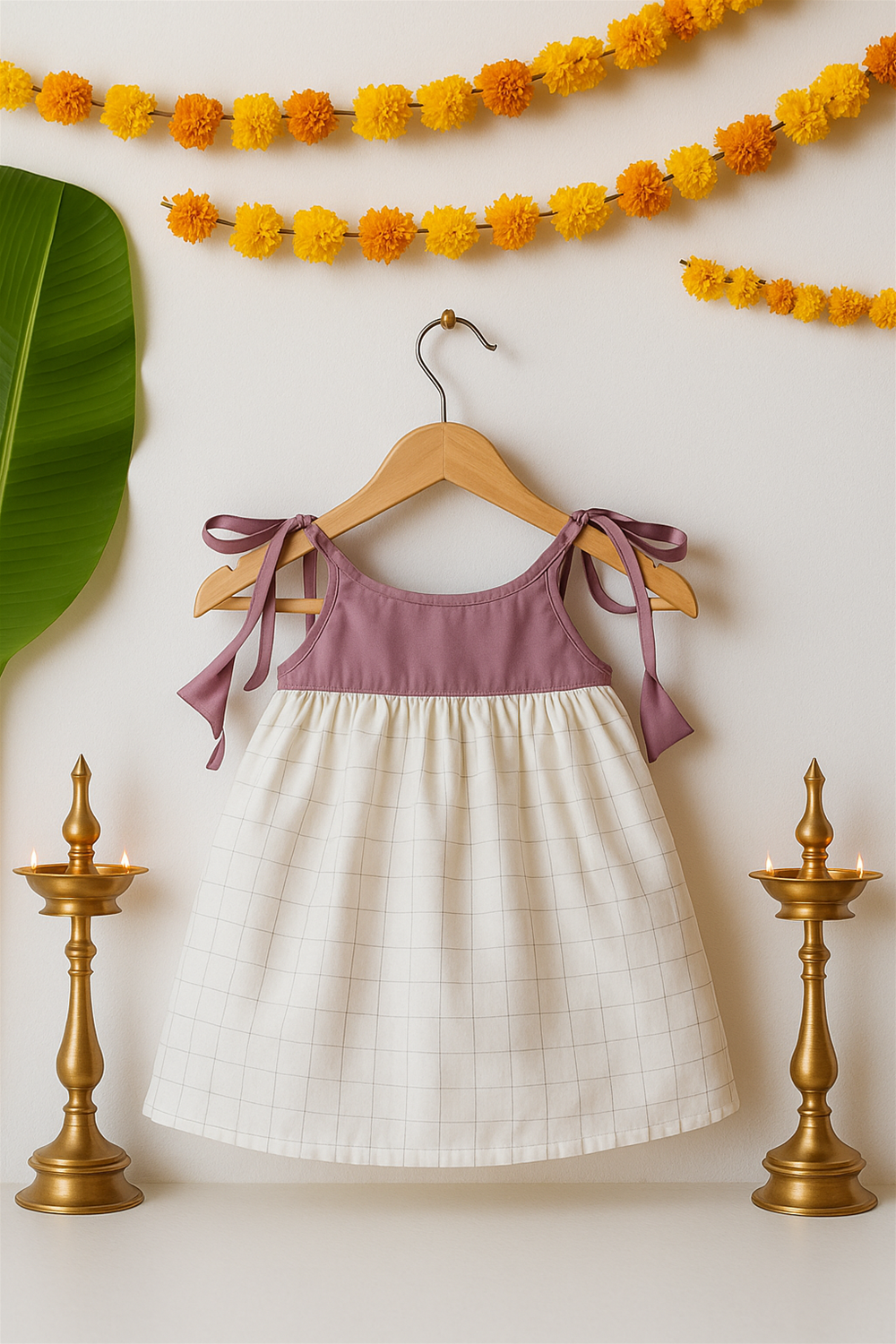 A festive baby dress hangs on a wooden hanger against a decorated wall with marigold garlands, banana leaves, and brass oil lamps. The sleeveless frock has a mauve bodice with ribbon ties and a cream skirt with subtle check patterns.