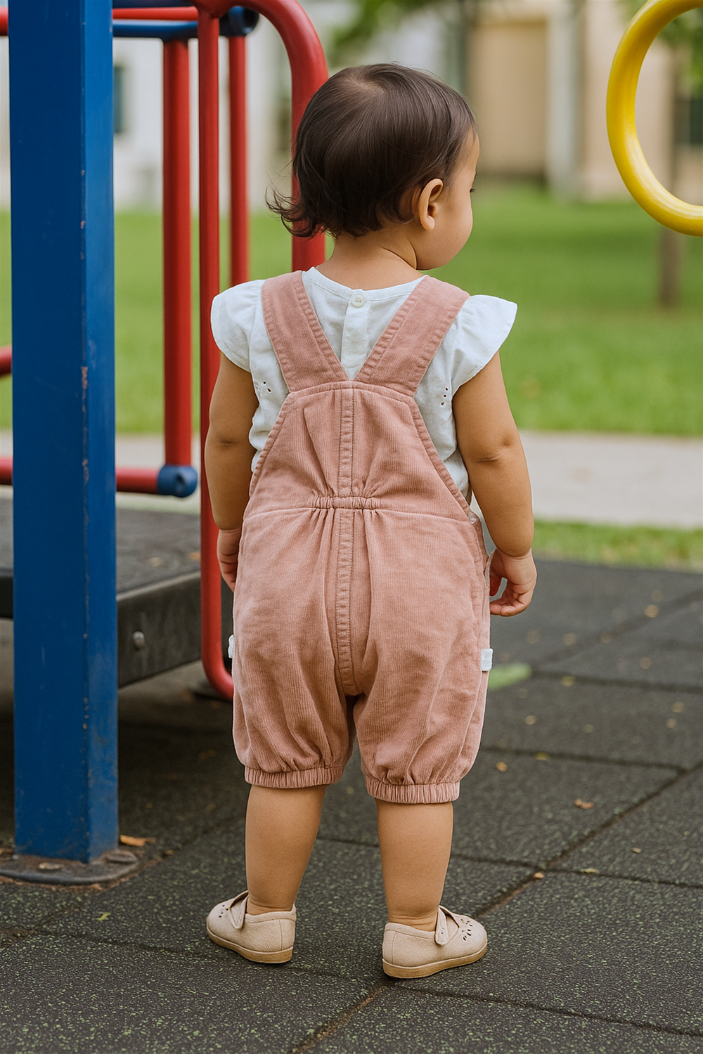 A toddler standing at a playground, facing away from the camera, wearing a peach corduroy overall with a white eyelet-sleeve top and beige shoes. The child is positioned near colorful playground bars, with green grass in the background