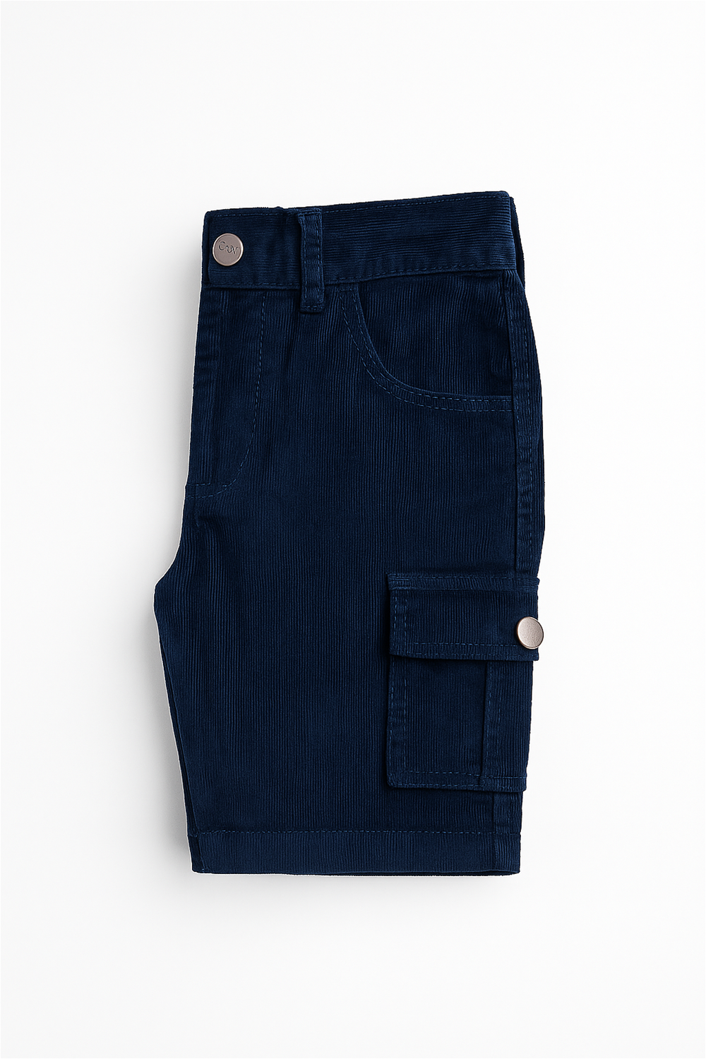 Alt Text: Folded navy blue corduroy boys' cargo shorts displayed on a white background. The shorts feature a front scoop pocket, a side flap cargo pocket with a metallic button closure, belt loops, and a metal button detail at the waistband.