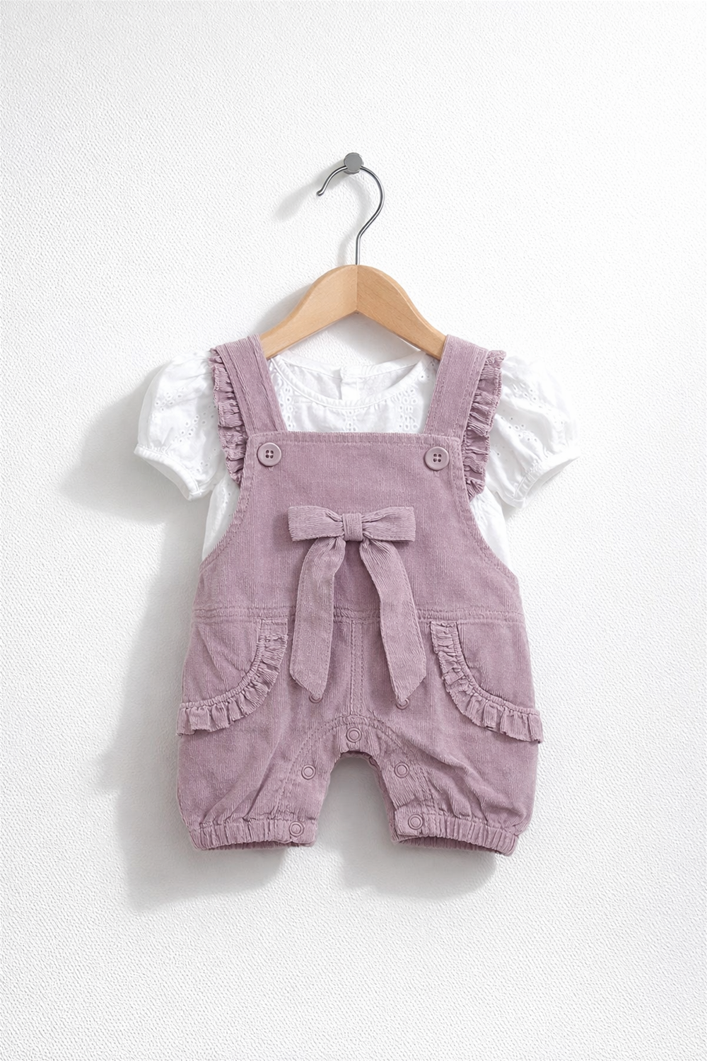 Front view of onion pink baby dungaree featuring bow detail, ruffled pockets, snap buttons, styled with white puff sleeve top.