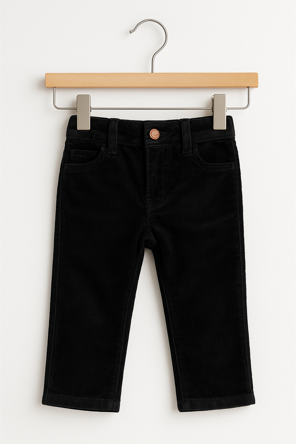 A Dark Black corduroy Pants , Ideal for casual wear. In Wooden hanger front side view.