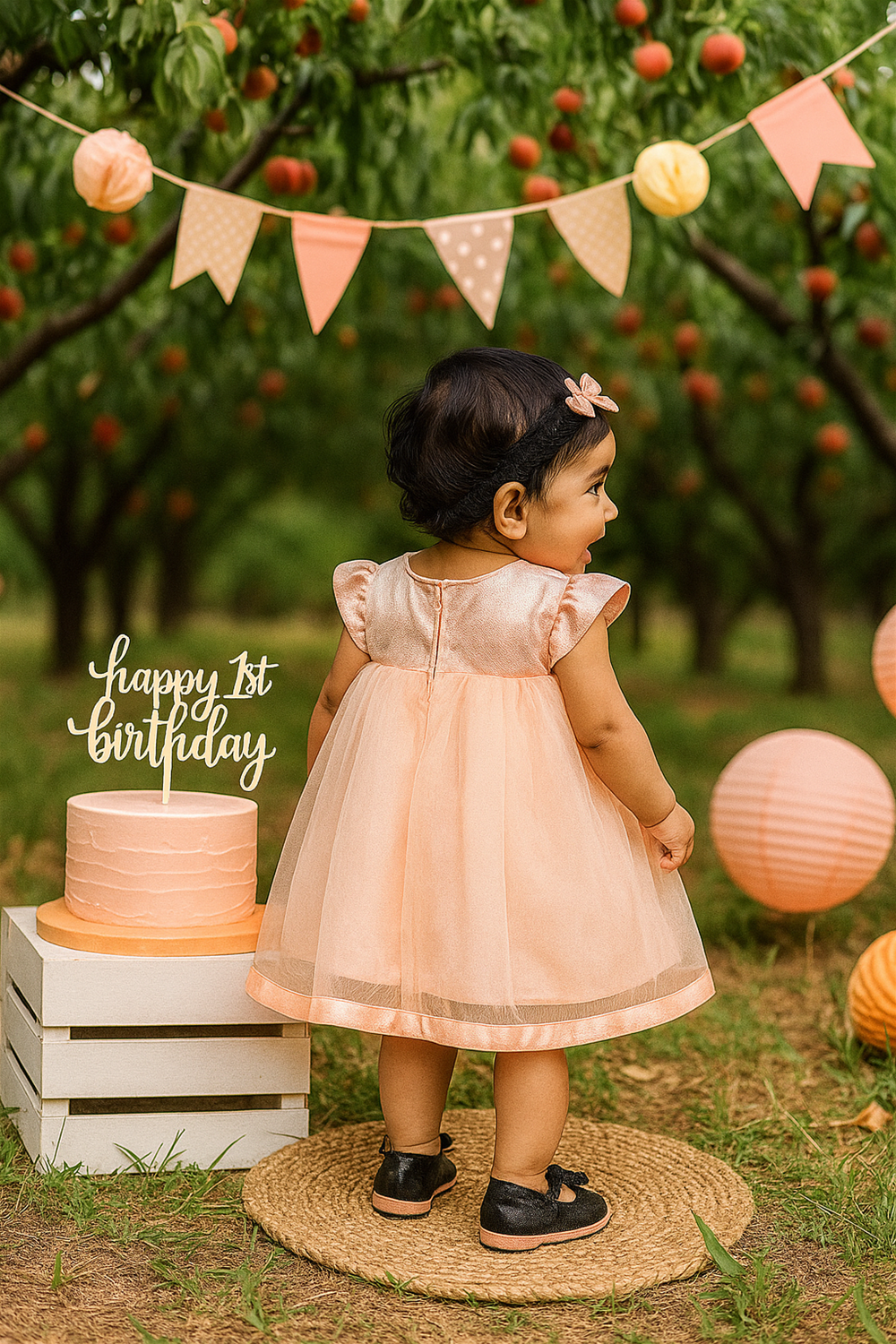 A Baby girl in an Peach dress sits beside a beautifully decorated birthday cake and balloons, celebrating their first birthday. Back View.