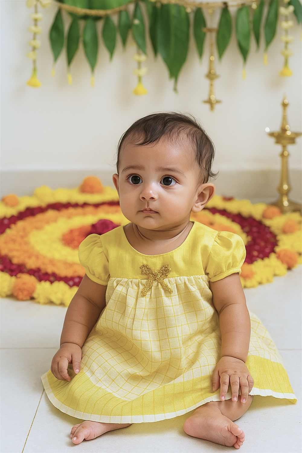 A baby dressed in a yellow and cream festive frock with a golden bow sits near a colorful floral rangoli. The backdrop of hanging leaves and lamps enhances the traditional celebration setting.