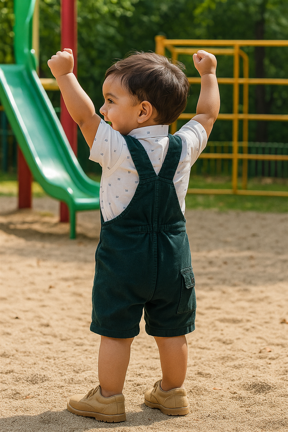Smiling baby boy in green dungaree and beige shoes raises hands happily while playing outdoors near playground slide.