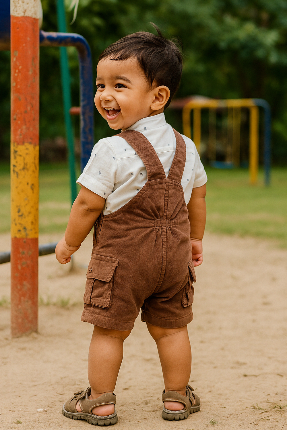 A baby boy wearing brown corduroy dungaree and a colorful polka dot shirt looks playfully at the back side viewer.