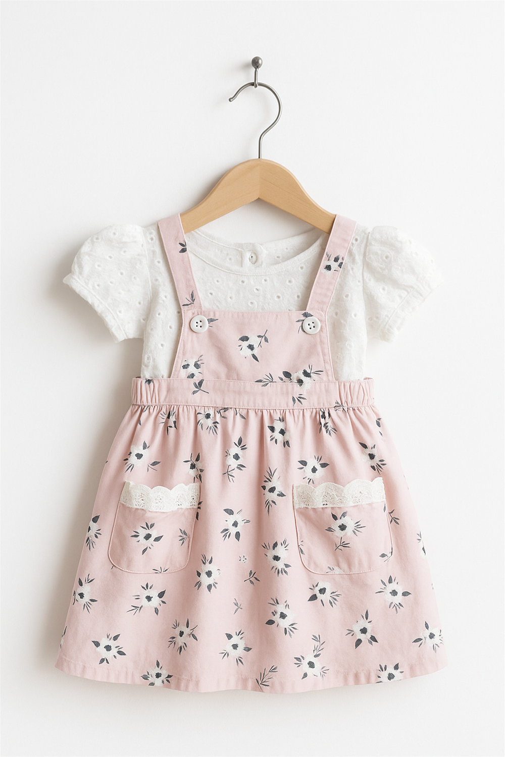 A baby girl's pink floral dress layered over a white shirt and white t-shirt, showcasing a cute and playful outfit.