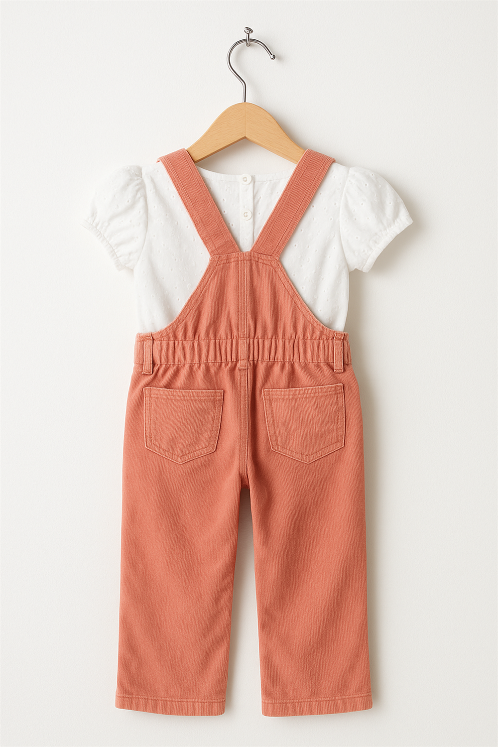 A peach corduroy dungaree with back pockets is paired with a white puff-sleeve eyelet top, displayed on a wooden hanger. The outfit is shown from the back against a plain white background for a neat presentation.