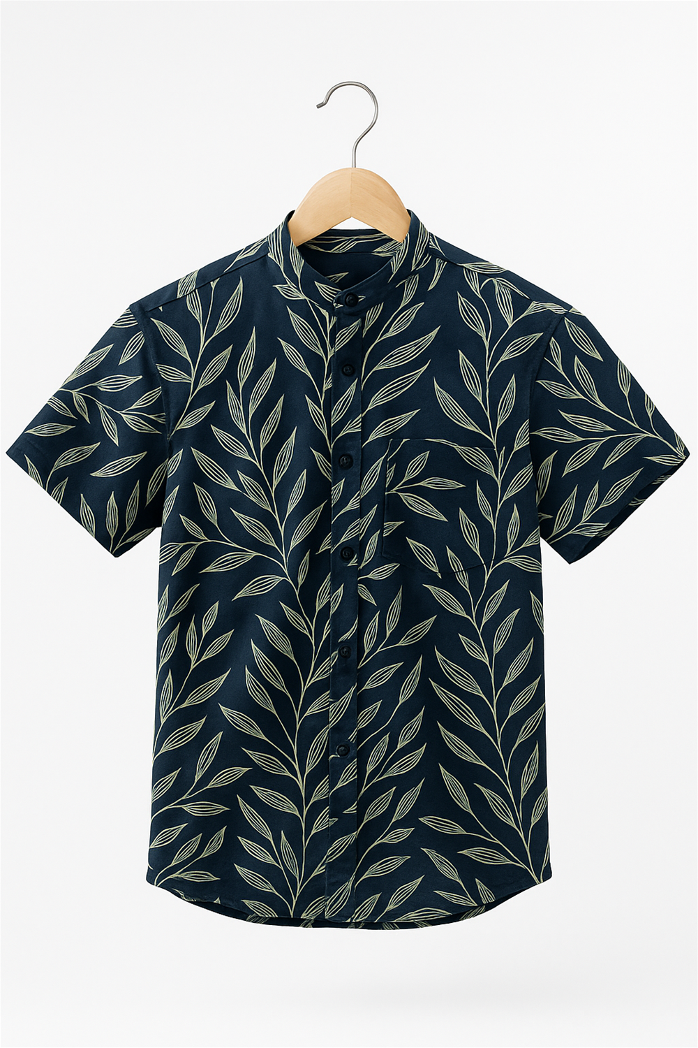 A half-sleeve shirt with a Chinese collar, featuring a leaf print design throughout the fabric.