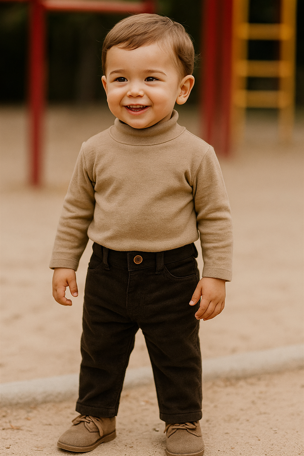 A cheerful toddler is dressed in a cozy camel brown turtleneck paired with dark olive brown corduroy pants. The pants feature a front button, belt loops, and classic pocket styling. The child completes the look with matching brown loafers. Standing on a sandy playground with colorful play equipment in the background, the toddler exhibits a playful and confident stance, ideal for showcasing stylish and comfortable children's wear.