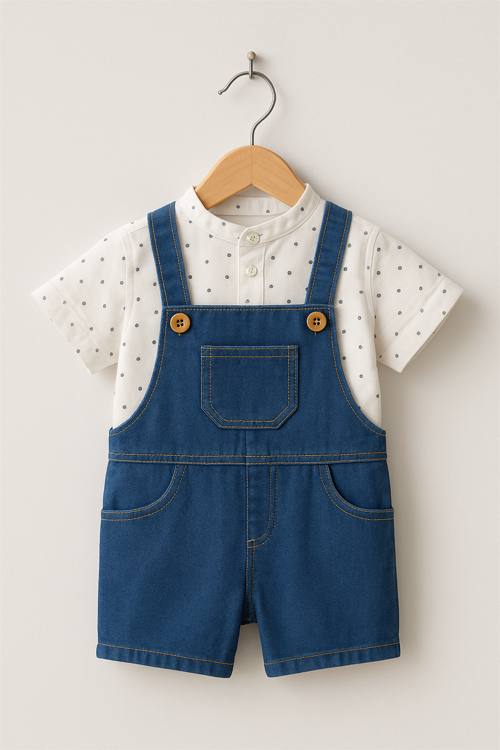 A baby boy's blue Demin dungaree paired with a white polka dot shirt, showcasing a cute and playful outfit for infants.
