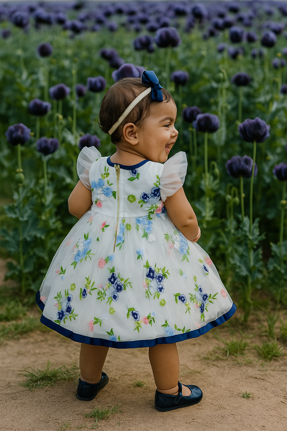 A toddler stands in a lush flower field, smiling while looking to the side. She wears a white dress with colorful floral embroidery, puff sleeves, and a navy blue hem, paired with matching shoes and a bow headband.