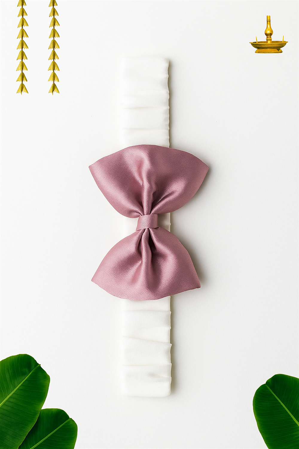 A smiling baby sits on the floor wearing a cream romper and a white elastic hairband adorned with a mauve satin bow. Festive décor with green leaves and a golden lamp in the background enhances the joyful and traditional atmosphere.
