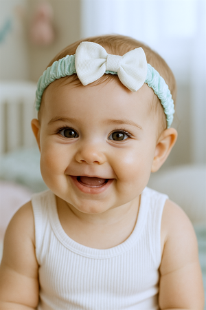 Smiling baby wearing mint-green hairband with cream bow, dressed in white tank top, sitting indoors with natural lighting.
