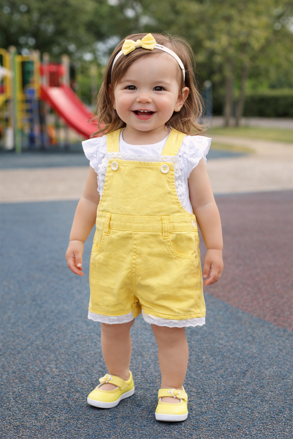 Smiling toddler girl wearing yellow dungaree with bow and white top, standing outdoors in playground setting.