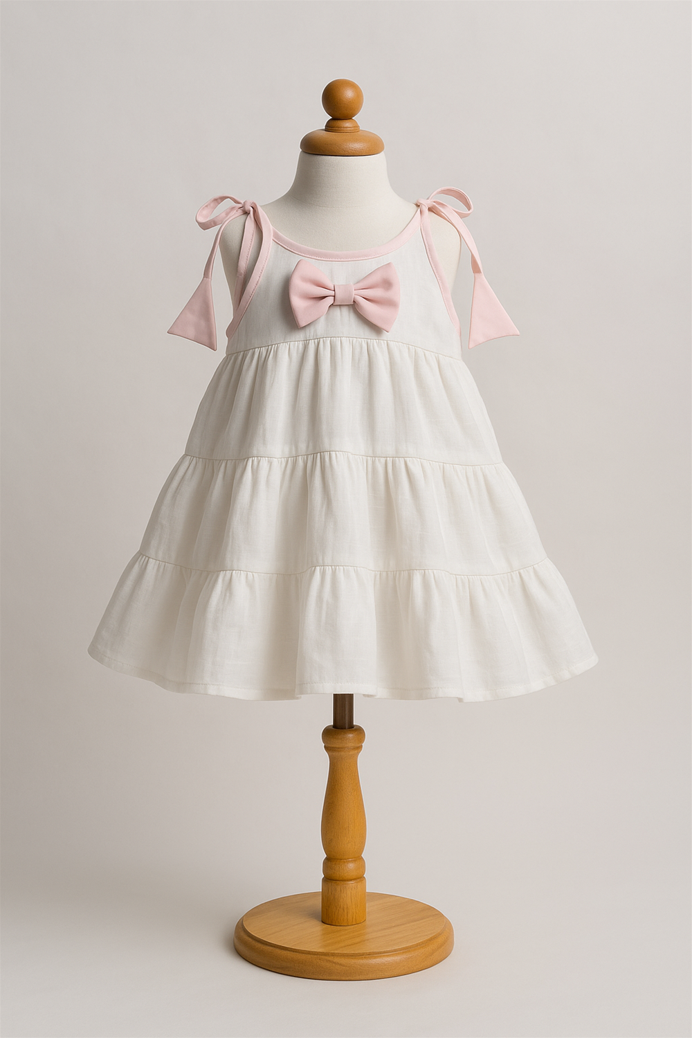 White sleeveless baby dress with pink bows displayed on a mannequin, tiered skirt design, showcased against a plain background.