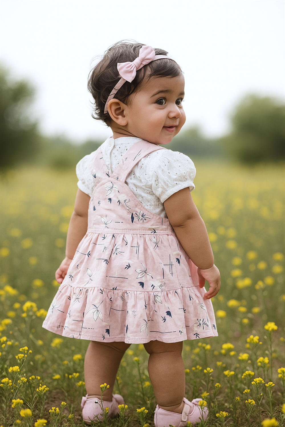 A baby girl stands in a field of yellow flowers, looking over her shoulder with a sweet expression. She wears a soft pink floral dungaree dress with a white puff-sleeve top, pink shoes, and a matching bow headband, blending charm with nature.