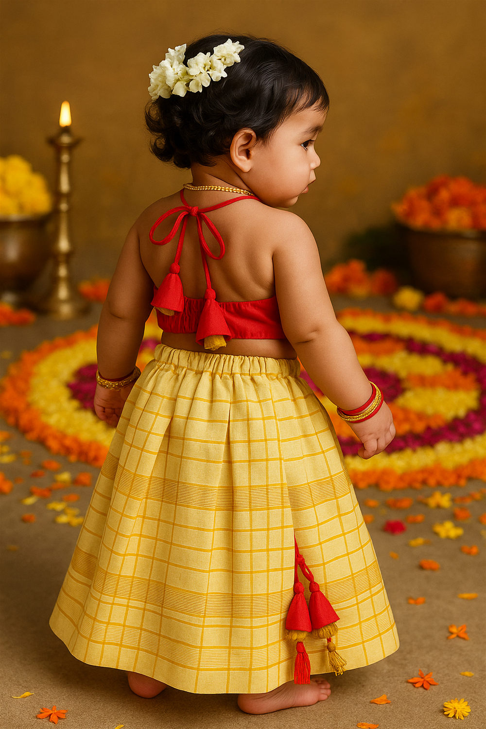 Baby girl wearing red blouse and yellow checked skirt with tassels, jasmine flowers in hair, standing near pookalam with festive background.