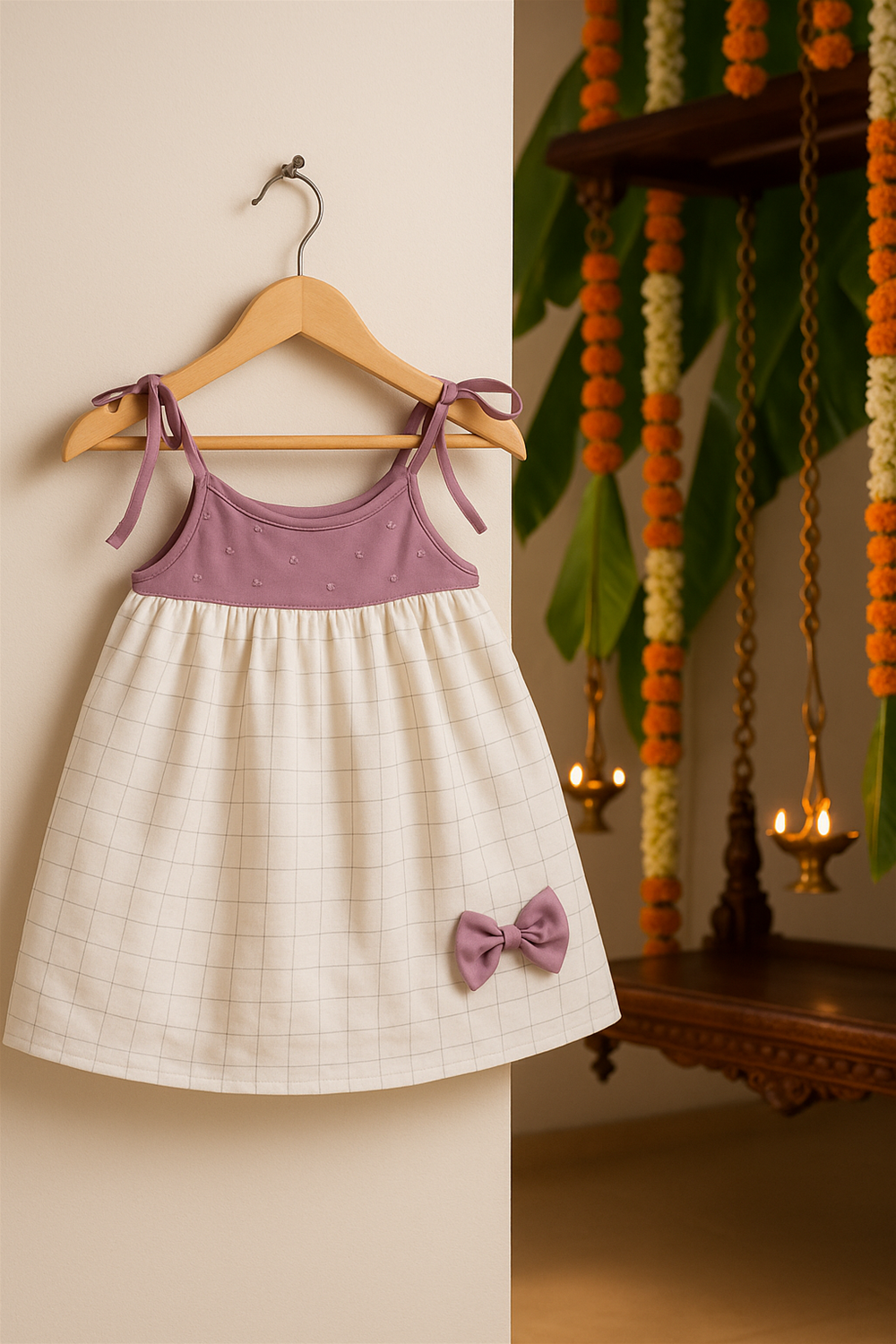 The mauve and cream festive frock is displayed on a wooden hanger against a soft beige wall. The background includes festive marigold garlands, oil lamps, and a wooden swing, highlighting its cultural elegance.
