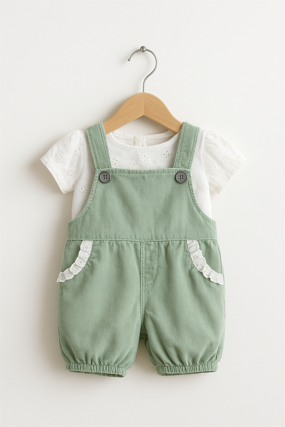 A light green corduroy baby romper with white lace-trimmed pockets, paired with a white short-sleeve embroidered top, displayed neatly on a wooden hanger. The outfit is hung against a plain white wall, creating a clean and minimal presentation ideal for product display.