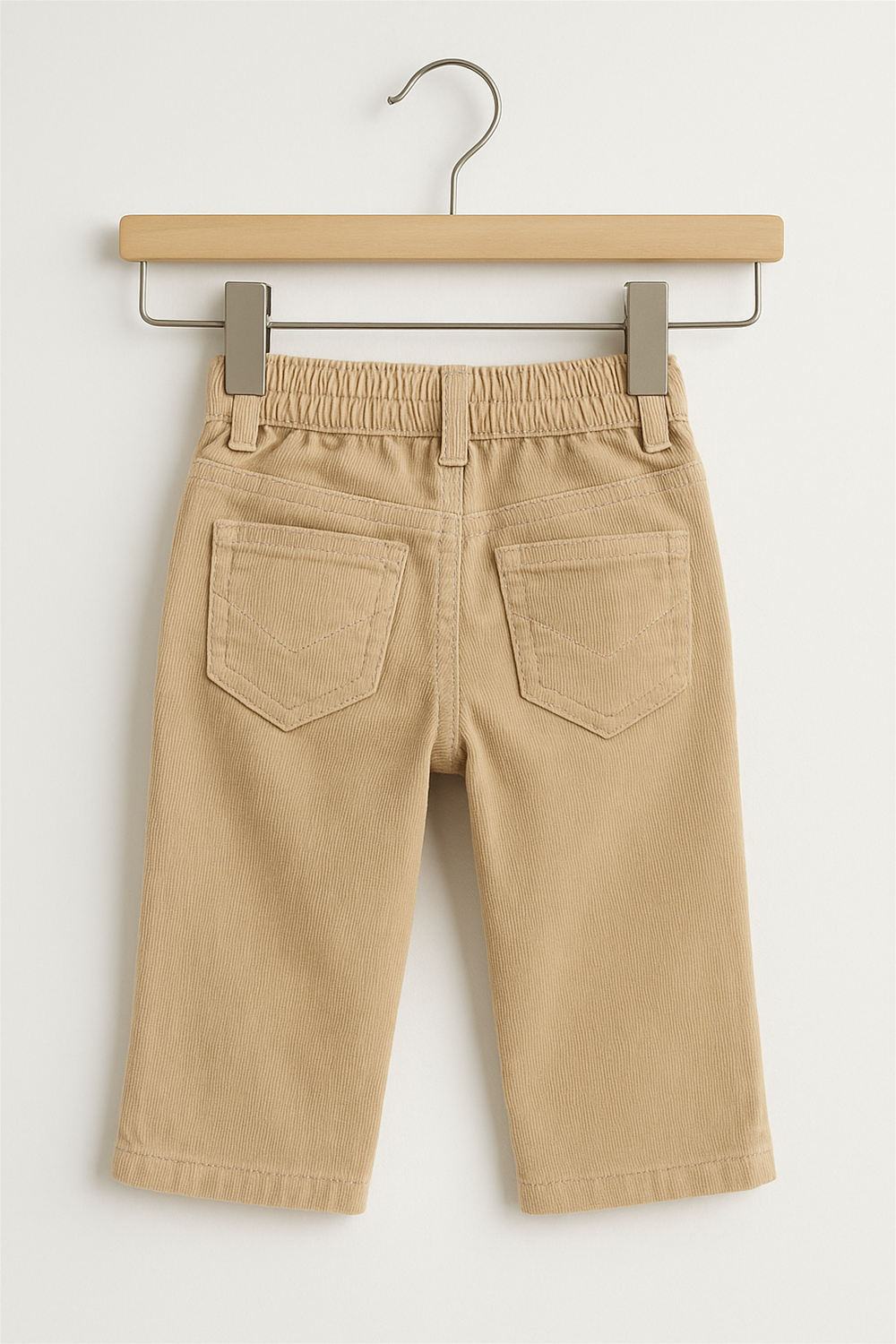 Back view of beige corduroy toddler pants hanging on a wooden hanger against a white background. The pants feature an elastic waistband for comfort, two rear patch pockets with chevron stitching, and belt loops. The soft ribbed texture and clean finish make them suitable for both casual and dressy occasions.