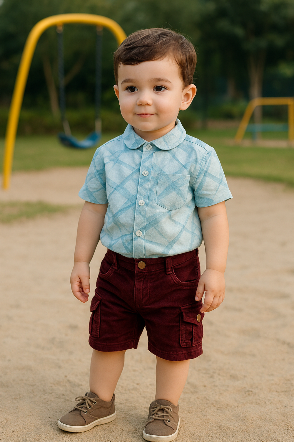 A toddler boy wearing a light blue half-sleeve club collar shirt with a subtle checkered pattern, paired with maroon cargo shorts. Captured in a playground setting, the outfit showcases a smart-casual style ideal for active outdoor wear.