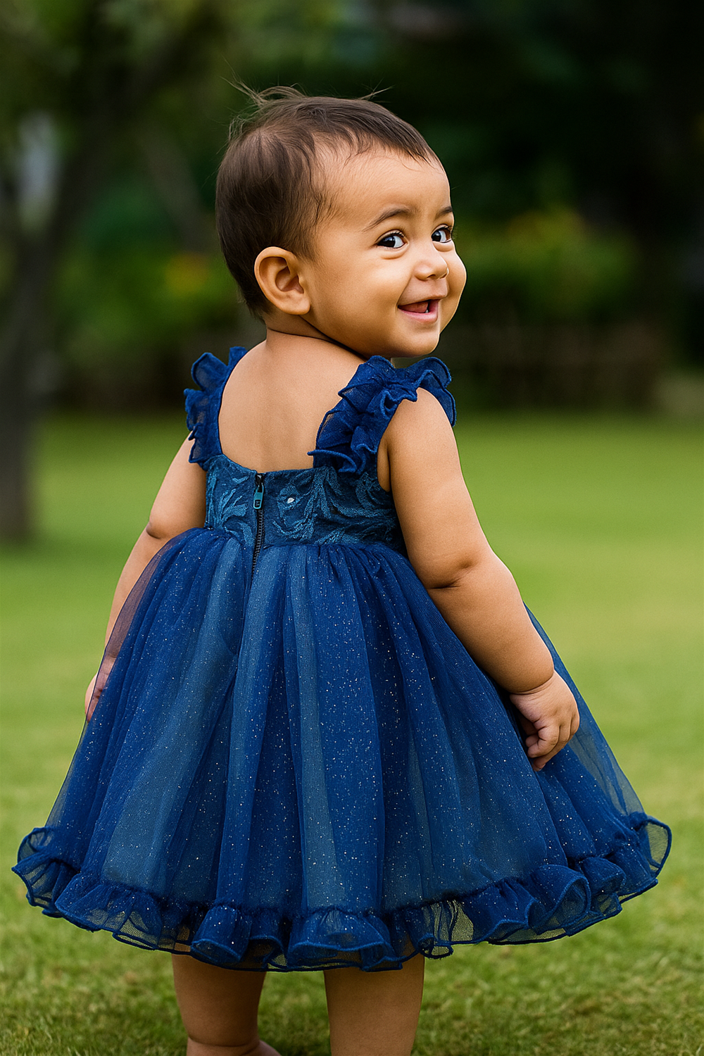 A baby girl wearing a blue glitter net dress is surrounded by blooming navy blue poppies in a lush green field back view.