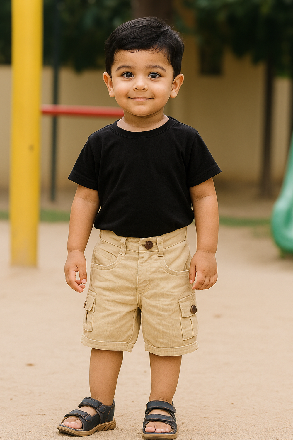 A young boy standing outdoors on a sandy playground, wearing a black t-shirt and beige cargo shorts with side pockets and button flaps. He has short hair, a cheerful expression, and is wearing navy blue sandals. Playground equipment and greenery are visible in the background.