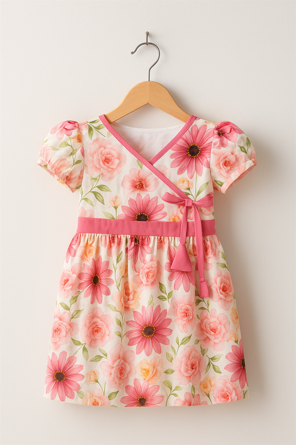  A baby girl's dress featuring a floral pattern with pink flowers on a light background.