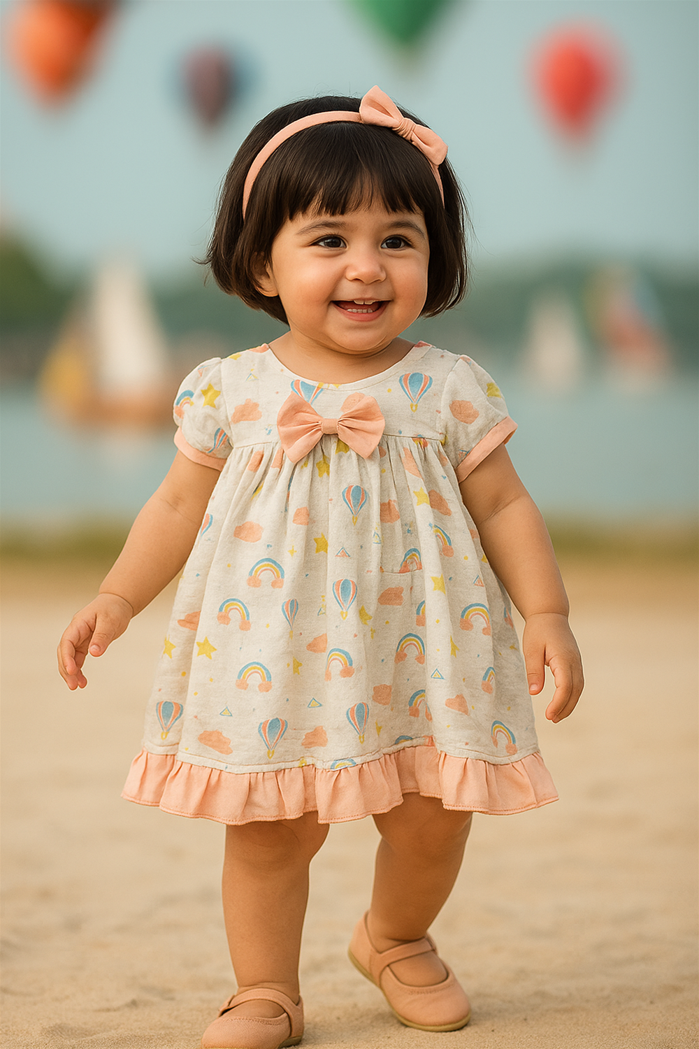 Smiling baby girl in beige floral dress with lace details and pockets, standing joyfully among blooming purple and yellow pansies.